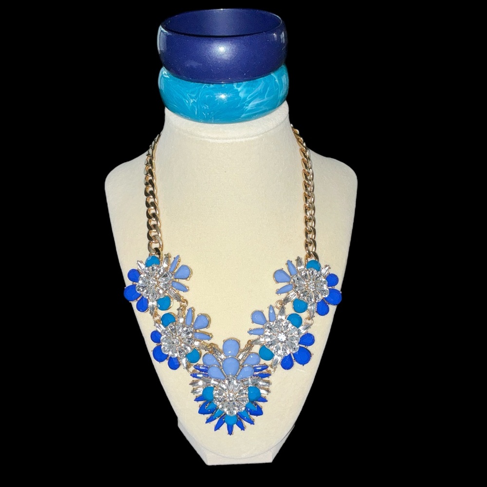 #12. VTG RHINESTONES AND BLUE LUCITE WITH 2 -WIDE BLUE BANGLES